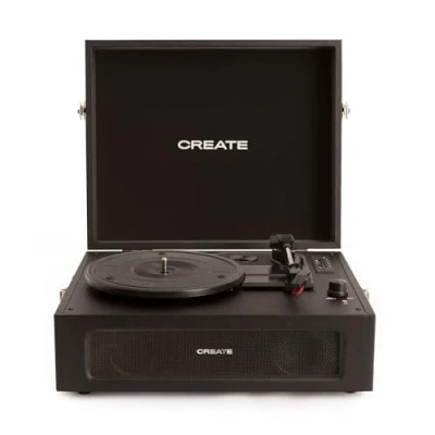 Abbildung von CREATE/Record Player COMPACT/Tragbarer Koffer Plattenspieler in Schwarz/Mit Bluetooth USB, SD, MicroSD und Mp3, Retro Stil