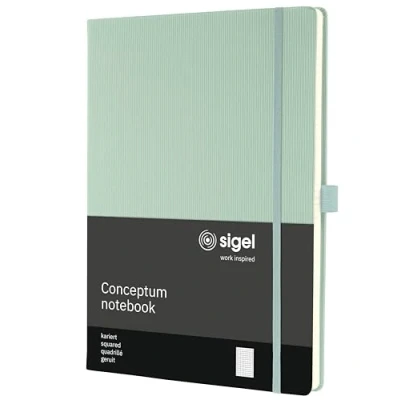Abbildung von SIGEL CO680 Premium Notizbuch kariert, A4, Hardcover, 194 nummerierte Seiten, grün, nachhaltiges Papier, mit Inhaltsverzeichnis, Stiftschlaufe, Falttasche, Gummibandverschluss, Conceptum