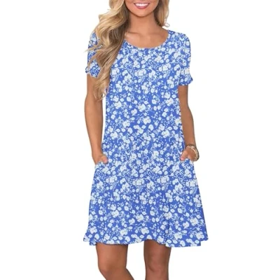 Abbildung von AUSELILY Damen Kleider Sommer Kurzarm Shirtkleider Kurz Sommerkleider Leicht Freizeitkleid mit Taschen Blumenblau L