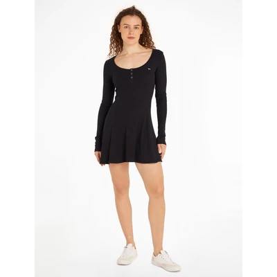 Abbildung von Tommy Jeans Henley Flare Dress Jerseykleid, Damen, Größe: 34, Black
