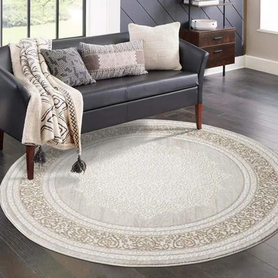Abbildung von carpet city Teppich Wohnzimmer Creme 200 cm Rund Klassisch Modern Ornamente, Bordüre Teppiche Kurzflor Schlafzimmer, Esszimmer