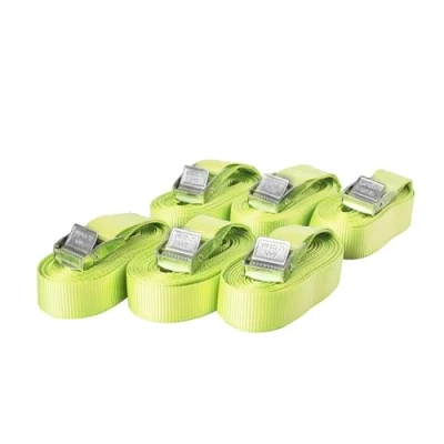 Abbildung von Sandax 6er Set Spanngurte mit Klemmschloss, Länge 4m, Breite 25mm, Farbe neon gelb, Zurrgurte Klemmverschluss, belastbar bis 250kg, nach DIN EN 12195 2, Einteilige hochwertige Klemmschlossgurte