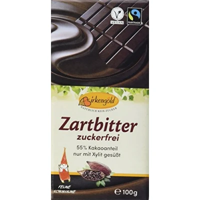 Abbildung von Birkengold Zartbitter Schokolade 100g ohne Zuckerzusatz 55% Kakaoanteil nur mit europäischem Xylit gesüßt Fairtrade vegan vegane Zucker