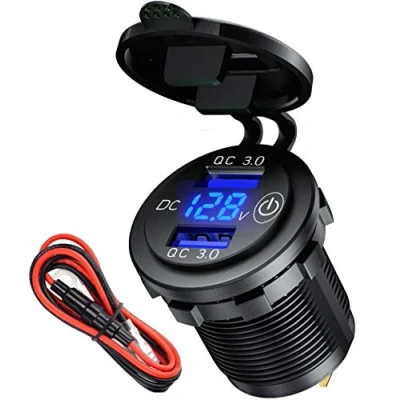 Abbildung von USB Steckdose 12V mit Schalter Quick Charge 3.0 Auto Ladegerät KFZ Zigarettenanzünder Adapter 12 Volt Einbaubuchse Stecker wasserdichte LED Voltmeter für Motorrad, Wohnwagen, Boot,LKW
