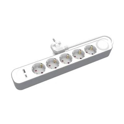 Abbildung von KEL Steckdosenleiste mit 5 FachMehrfachsteckdose, USB Type A und 1 C Anschluss; 3 m Verlängerungskabel Schukostecker EIN /Ausschalter; 3680 Watt Steckdosen; Dreifachsteckdosen weiß