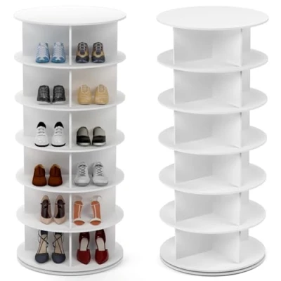 Abbildung von PTUWODS drehbares schuhschrank, 360 Grad Schuhregal, Aufbewahrung, rundes Karussell, vertikale Handtasche, drehbar, Schuhschrank Organisation (Weiß, 6 Etage)