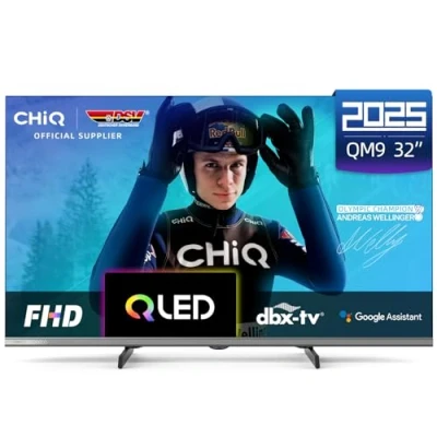 Abbildung von CHIQ L32QM9G 32 Zoll (80 cm) FHD Smart Fernseher, QLED, HDR10, Google tv, Assistant, Triple Tuner, Dolby Audio, DBX Chromecast Built in, HDMI, USB, Metallfreies Design, Schwarz
