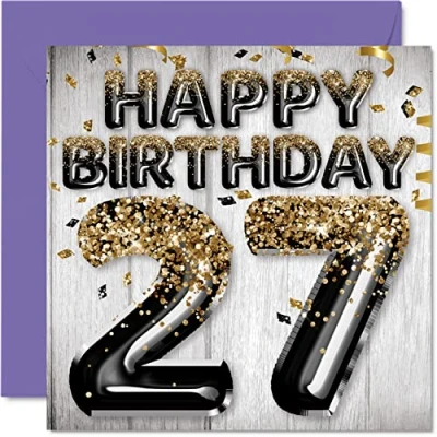 Abbildung von Geburtstagskarte zum 27. Geburtstag für Männer schwarze und goldene Glitzerballons Happy Karten 27 Jahre alten Mann Sohn Bruder Onkel Cousin, 145 mm x Geburtstagskarten Geschenk