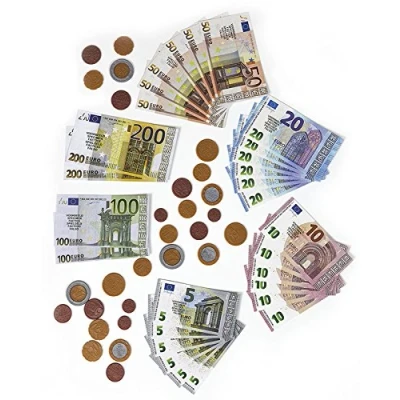 Abbildung von Polly Spielgeld für Kinder Kaufladen Rechengeld Spielzeug Kasse Spielwaren Kaufmannsladen Zubehör 56 Teilig