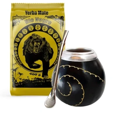 Abbildung von Yerba Mate Tee Set mit Rio Negro 400g ● Argentinischer Natürliche Kalebasse Schwarz Edelstahl Trinkhalm Bombilla 15cm