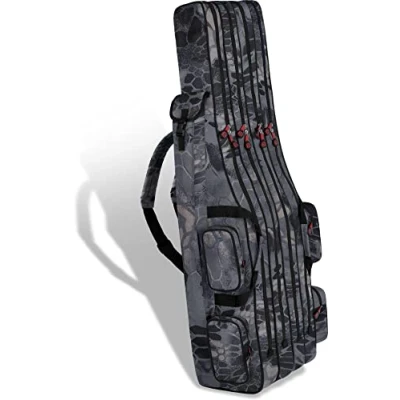 Abbildung von Rutentasche Rod Case Angelkoffer Futteral mit 2, 3 oder 4 Ruten Fächern, Verschiedene Längen wählbar stark wasserabweisender Fishing Rucksack Farbe Schwarz Nachttarn Innenfächer Größe 170 cm