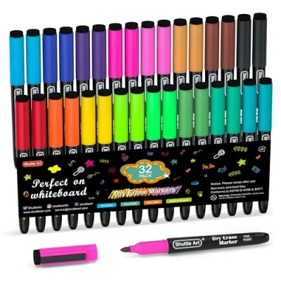 Abbildung von Shuttle Art Whiteboard Marker Set, 32 Stifte 16 Farben Folienstifte abwischbar, magnetische Whiteboardmarker mit Radierer, folienstift wasserlöslich für Weißwand, Spiegel, Schule