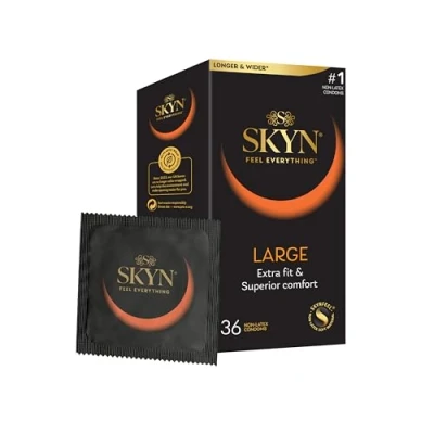 Abbildung von SKYN XXL Kondome King Size / Large (Comfortable Fit) Größe XL 56mm Breite, Packung mit, 36 St., hypoallergene Kondome, ideal für Latexallergiker, große latexfreie aus Sensoprène™