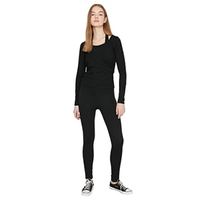 Abbildung von TRENDYOL Damen Rundhalsausschnitt Unifarben Figurbetont Bluse T Shirt, Schwarz, XS