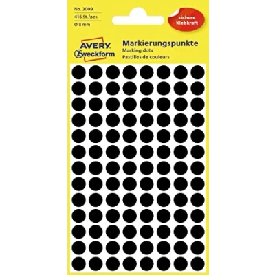 Abbildung von AVERY Zweckform 3009 selbstklebende Markierungspunkte 416 Stück (Ø8mm, Klebepunkte auf 4 Bogen, Punktaufkleber zur Farbcodierung, runde Aufkleber für Kalender, Planer und zum Basteln, Papier) schwarz