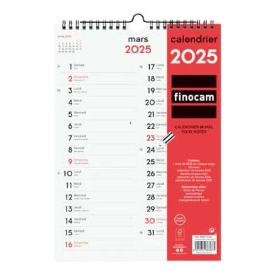 Abbildung von Finocam Wandkalender, neutral, zum Schreiben von zwei Spalten 2025, 1 Monat pro Seite, Januar 2025 Dezember (12 Monate) Französisch