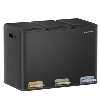 Abbildung von SONGMICS HOME Mülleimer Küche, 3 x 15 L Fächer, Abfalleimer mit farbcodierbaren Pedalen, Mülltrennsystem, Deckeln und Inneneimern, Stahl, tintenschwarz LTB740B02V1