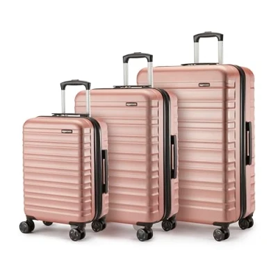 Abbildung von Amazon Basics Hartschalen Koffer Set, 3 Stück Erweiterbares Gepäck Set (55, 68, 78 cm), Kratzfeste ABS Schale, 4 Rollen, Roségold