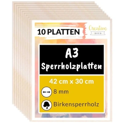 Abbildung von Creative Deco 10 x A3 Sperrholzplatte 8mm Birkensperrholz 420 300 (+/ 2) mm Dünne Holz Zuschnitte Perfektes Blatt für Laubsäge, Brandmalerei, Laserschnitt, CNC Router, Durchbrochenes