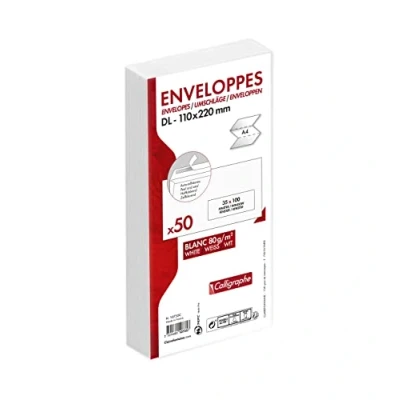 Abbildung von Clairefontaine 10735C Packung mit 50 Umschlägen Calligraphe DL 110x220mm, selbstklebend, 80g, Sichtfenster 35x100 (20/20), Weiß, 1 Pack