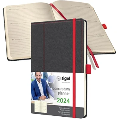 Abbildung von SIGEL C2455 Terminplaner Wochenkalender 2024, Lederoptik, ca. A5, dunkelgrau/rot, Hardcover, 192 Seiten, Gummiband, Stiftschlaufe, Archivtasche, PEFC zertifiziert, Conceptum