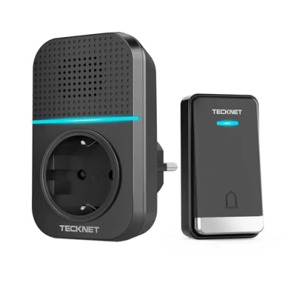 Abbildung von TECKNET Kabellose Türklingel Batterielose, Steckdosen Funkklingel IP65 Wasserdicht Drahtloses Funk mit EU Steckdose, LED Anzeige, 5 Lautstärkestufen, 60 Klingeltönen, 400m