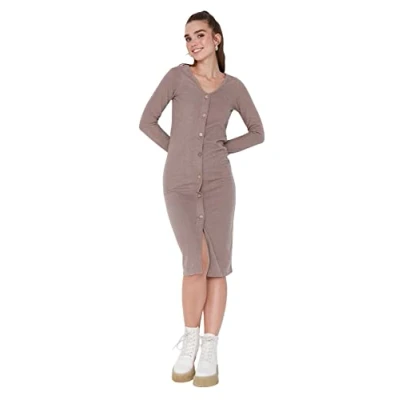 Abbildung von Trendyol Damen Woman Mini Bodycon Rundhalsausschnitt Gestrickt Kleid, Beige, XS