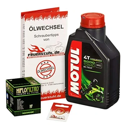 Abbildung von Motul 10W 40 Öl + HiFlo Ölfilter für Kawasaki KLX 125, 10 15, LX125C Ölwechselset inkl. Motoröl, Filter, Dichtring