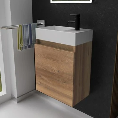 Abbildung von Alpenberger Waschbecken mit Unterschrank 45 cm Badezimmermöbel Set Kleines Gäste WC Waschtisch Bad Waschbeckenunterschrank Bamboo