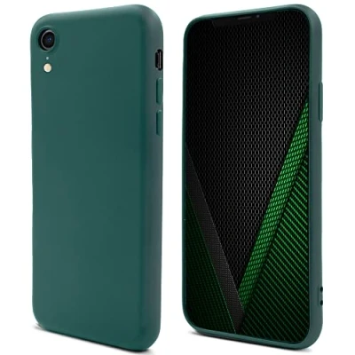 Abbildung von Moozy Lifestyle. Hülle für iPhone XR, Dunkelgrün Silikon Handyhülle Schutzhülle mit Mattem Finish und Weichem Mikrofaserfutter