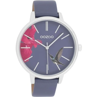 Abbildung von Oozoo Damenuhr mit Lederband 42 MM Colours of Summer Hibiskus und Kolibri Blauviolett C11069