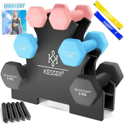 Abbildung von KESSER® Hantel Set, 3 Paar, 1kg 5kg, 12kg oder 18kg kurzhanteln Mit Ständer Aufbewahrung, Fitnessstudio, Krafttraining, Hantelset rutschfeste Neopren, Übungsheft, 2x Fitnessbänder