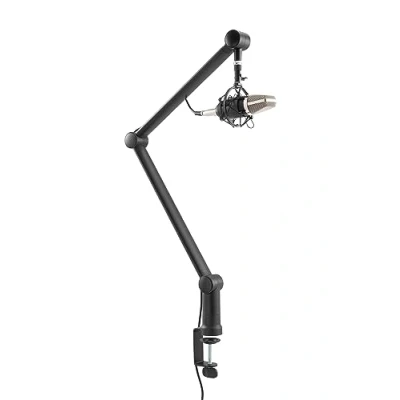 Abbildung von RICOO Einstellbarer Professioneller Mikrofonarm MS061 mit klappbarem Scherenarm, Mikrofonständer, profesionelle Mikrofonhalter, Mikrofon arm, Boom Arm Schreibtischhalterung, Schwarz