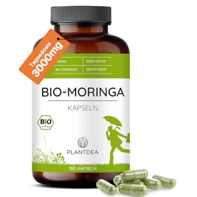 Abbildung von Bio Moringa Kapseln I 3000mg Tagesdosis 180 hochdosiert laborgeprüft Pulver veganes Präparat Ohne Zusätze PlantDEA