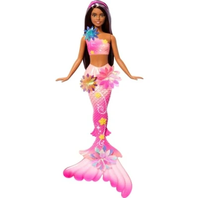 Abbildung von Barbie Meerjungfrauen Spielzeugpuppe mit magischer Überraschungsblüte, Schwanzflosse Farbverlauf, perlenbesetztem Haarreif und langem braunen Haar violetten Strähchen, JDM73