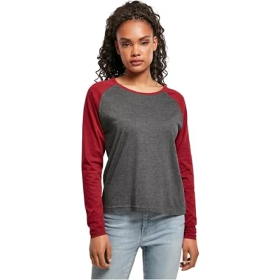 Abbildung von Urban Classics Ladies Contrast Raglan Longsleeve Langarmshirt, Damen, Größe: XXL, Charcoal/burgundy