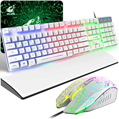 Abbildung von Gaming Tastatur und Maus mit Handballenauflage, QWERTZ Deutsches Layout Regenbogen LED Hintergrundbeleuchtung Ergonomische Keyboard 6 Tasten 2400 DPI Mauspad für Windows Mac PS4, Weiß