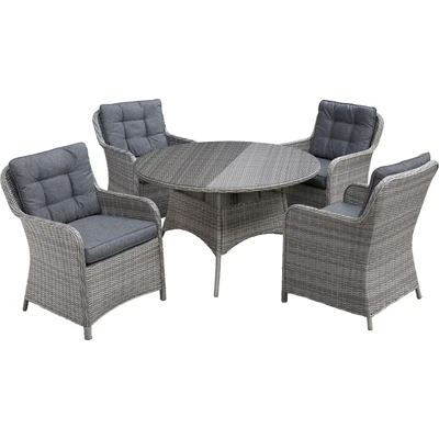 Abbildung von KONIFERA Garten Essgruppe &quot;Menorca&quot;, (Set, 13 tlg., 4x Sessel, 1x Tisch ØxH: 120x75cm, inkl. Auflagen), Polyrattan, Aluminium, Tischplatte aus 5mm starkem Sicherheitsglas