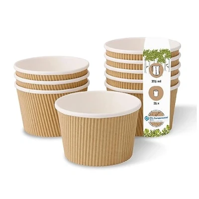 Abbildung von GREENBOX Einweg Bio Suppen Becher To Go Einweggeschirr I Riffelbecher Kraft Karton mit PLA Innenbeschichtung weiß/braun, ungebleicht 25 kompostierbar 375 ml