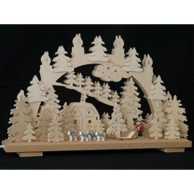 Abbildung von Rudolphs Schatzkiste Schwibbogen mit Hundeschlitten und Beleuchtung BxHxT 50x31x7cm NEU Lichterbogen Fensterbogen Spitzbogen Erzgebirge Seiffen Weihnachten Licht Holz Dekoration