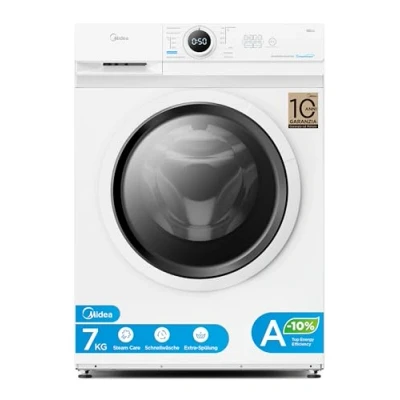 Abbildung von Midea MF10EW70BA10 Waschmaschine / 7kg 1400 U/Min/EEK A 10%/Inverter Quattro Motor/Dampffunktion/Grosse Trommel/Nachlegefunktion/Kindersicherung/AquaStop, Weiß
