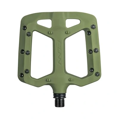 Abbildung von Funn Taipan Fahrradpedale aus glasfaserverstärktem Thermoplast mit 9/16 Zoll CrMo Achsen und schienbeinfreundlichen Pins für MTB/BMX/Urban/Gravel Riding (Olivgrün)