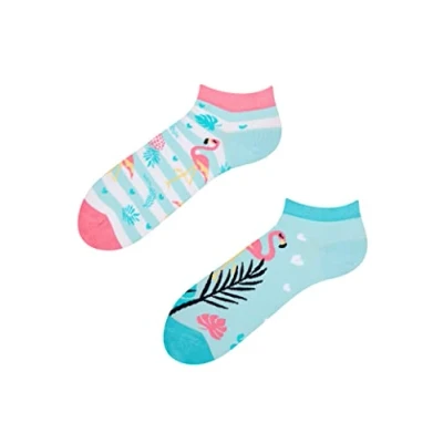 Abbildung von Dedoles Sneaker Socken Low Cut Füßlinge Unisex Damen Herren Baumwolle lustiges Design Geschenk links rechts verschieden, Farbe Blau, Motiv Liebes Flamingos Knöchelsocken, Gr. 35 38