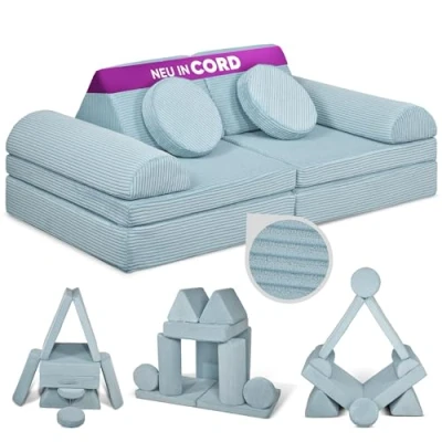 Abbildung von Linodino® Spielsofa Cord Fantasiewelt, Kindersofa Bausteine Kreative Stapelsteine für Kinder Kindercouch, Sofa Kuschelecke im Kinderzimmer Schaumstoff Softbausteine [Einhornblau]