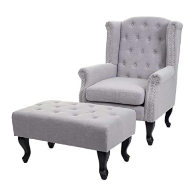 Abbildung von Mendler Sessel Chesterfield, Relaxsessel Clubsessel Ohrensessel, wasserabweisend Stoff/Textil grau mit Ottomane