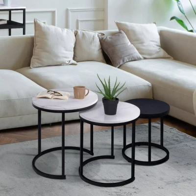 Abbildung von IDMarket Set mit 3 Couchtischen, Alaska, rund, 35/40/45 cm, Marmor Effekt und Schwarz, Metallfüße