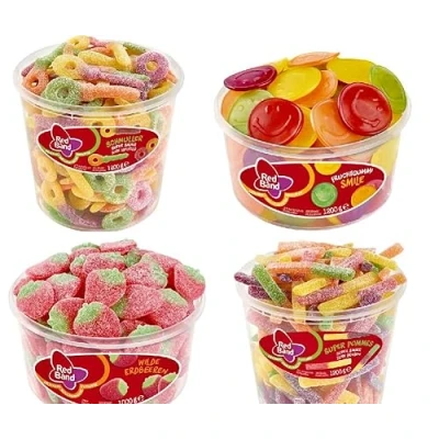 Abbildung von 4 Dosen Red Band Mix Fruchtgummi Smile, Wilde Erdbeeren,Super saure Pommes,super Schnuller