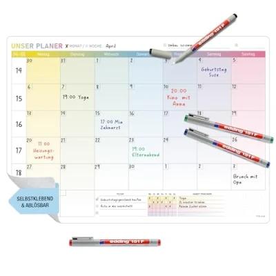 Abbildung von TOBJA Wandtafel A3 selbsthaftender Monatsplaner abwischbar inkl. Stifte, Wochenplaner Whiteboard Planer