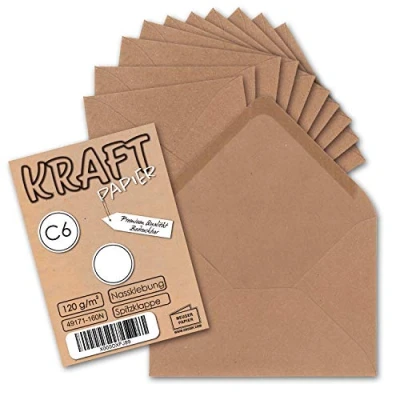Abbildung von 25x Kraftpapier Umschläge DIN C6 Natur Rosa 11,4 x 16,2 cm ohne Fenster Vintage Briefumschläge mit Nassklebung Spitzklappe NEUSER PAPIER
