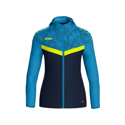 Abbildung von JAKO ICONIC Kapuzenjacke Gr. 42 Marine/JAKO Blau/Neongelb Zipper Hoodie Damen, Bequeme Sweatjacke mit Keep Dry Funktion aus 100% recyceltem Polyester